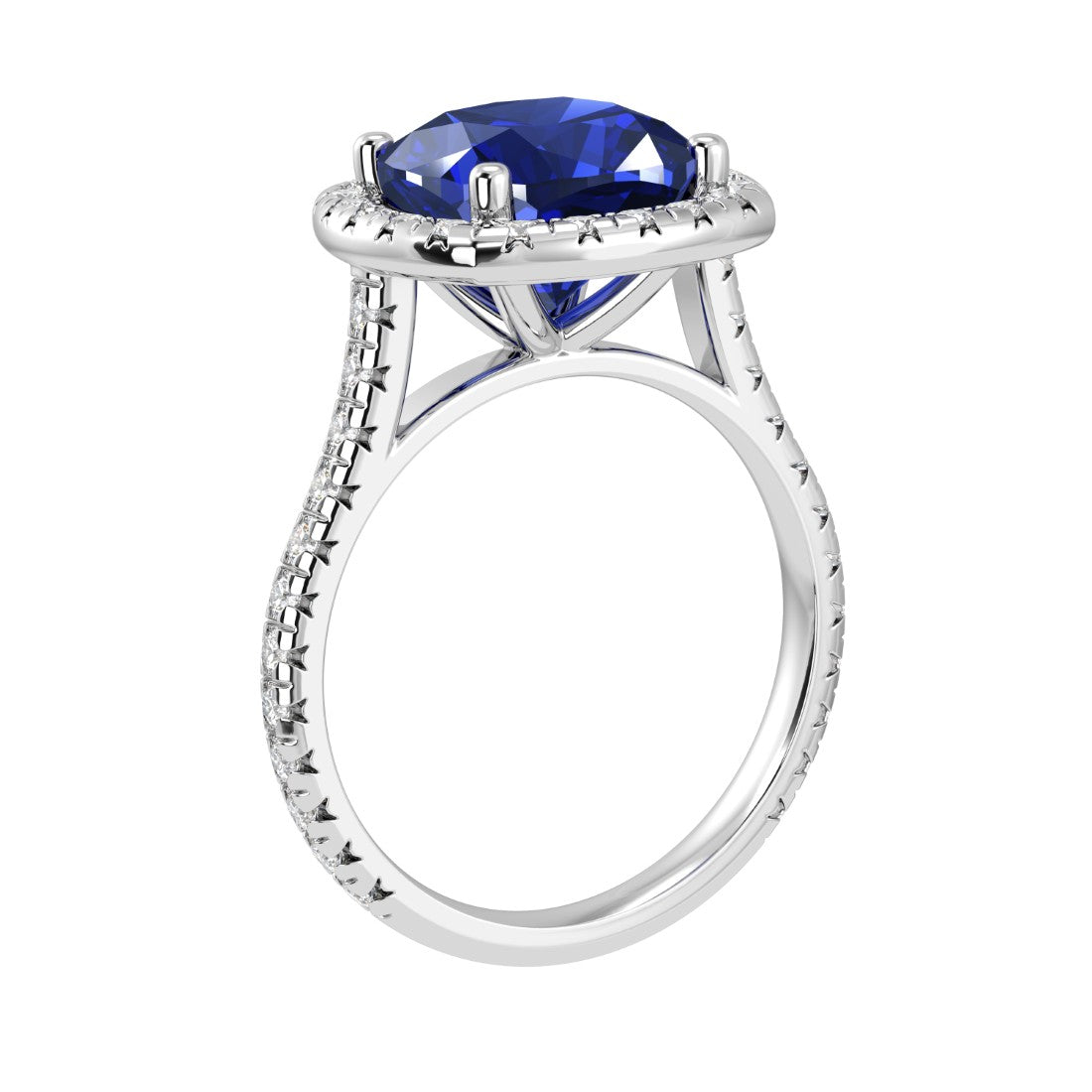 Cushion Cut blue Sapphire French Pave Diamond Halo bridal ring 14K White Gold designer style Pel and Co heirloom jewelry