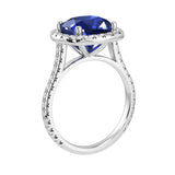Cushion Cut blue Sapphire French Pave Diamond Halo bridal ring 14K White Gold designer style Pel and Co heirloom jewelry