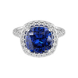 Ceylon blue Sapphire French Pave Diamond Halo crafted in 14K White Gold halo ring Pel and Co custom fine jewelry