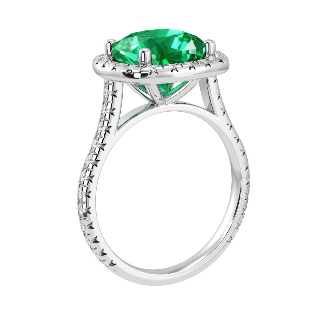 Cushion Cut colombian emerald French Pave Diamond Halo bridal ring 14K White Gold designer style Pel and Co heirloom jewelry