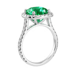 Cushion Cut colombian emerald French Pave Diamond Halo bridal ring 14K White Gold designer style Pel and Co heirloom jewelry