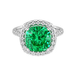 Vivid green colombian emerald French Pave Diamond Halo crafted in 14K White Gold halo ring Pel and Co custom fine jewelry
