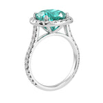 Cushion Cut neon blue green Paraiba tourmaline French Pave Diamond Halo bridal ring 14K White Gold designer style Pel and Co heirloom jewelry