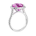 Cushion Cut pink Sapphire French Pave Diamond Halo bridal ring 14K White Gold designer style Pel and Co heirloom jewelry