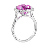 Cushion Cut pink Sapphire French Pave Diamond Halo bridal ring 14K White Gold designer style Pel and Co heirloom jewelry