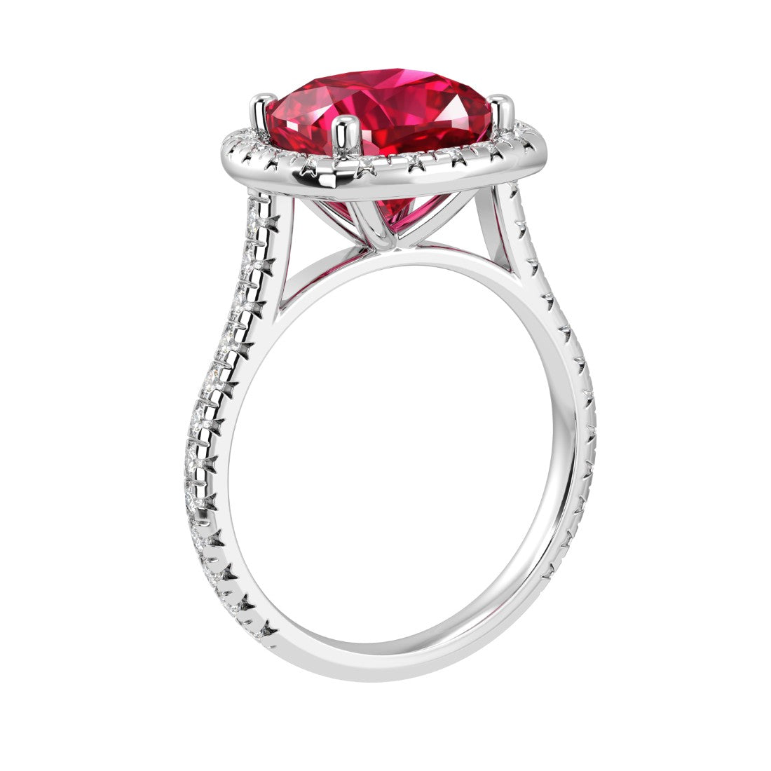 Cushion Cut Pigeon Blood Red Ruby French Pave Diamond Halo bridal ring 14K White Gold designer style Pel and Co July birthstone treasure