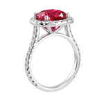 Cushion Cut Pigeon Blood Red Ruby French Pave Diamond Halo bridal ring 14K White Gold designer style Pel and Co July birthstone treasure