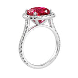 Cushion Cut Pigeon Blood Red Ruby French Pave Diamond Halo bridal ring 14K White Gold designer style Pel and Co July birthstone treasure