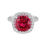 Pigeon Blood Red Ruby French Pave Diamond Halo crafted in 14K White Gold halo ring Pel and Co custom July birthstone jewelry