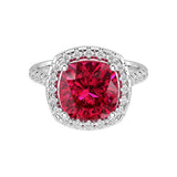 Pigeon Blood Red Ruby French Pave Diamond Halo crafted in 14K White Gold halo ring Pel and Co custom July birthstone jewelry