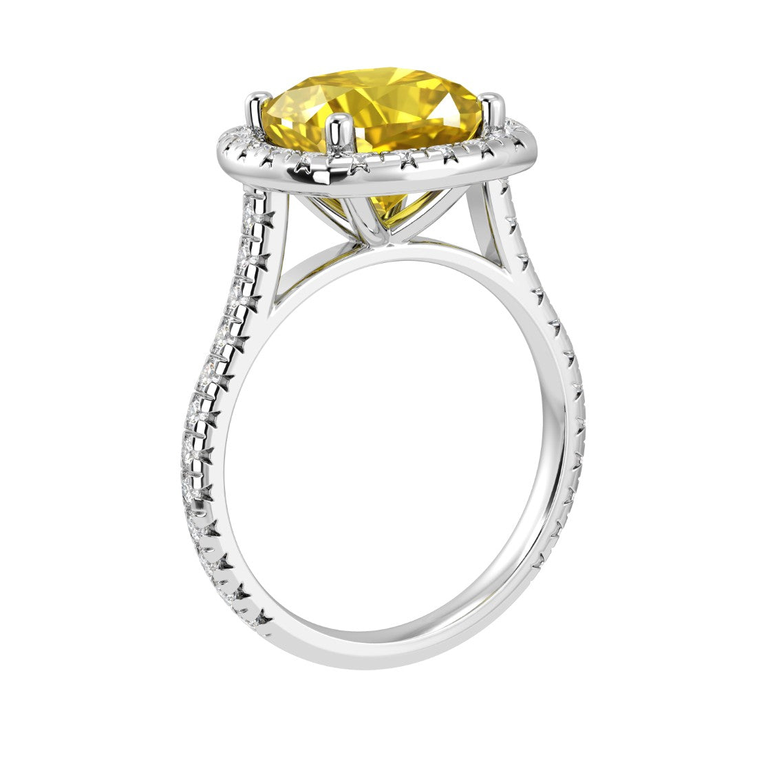 Cushion Cut Yellow Sapphire French Pave Diamond Halo bridal ring 14K White Gold designer style Pel and Co September sapphire treasure