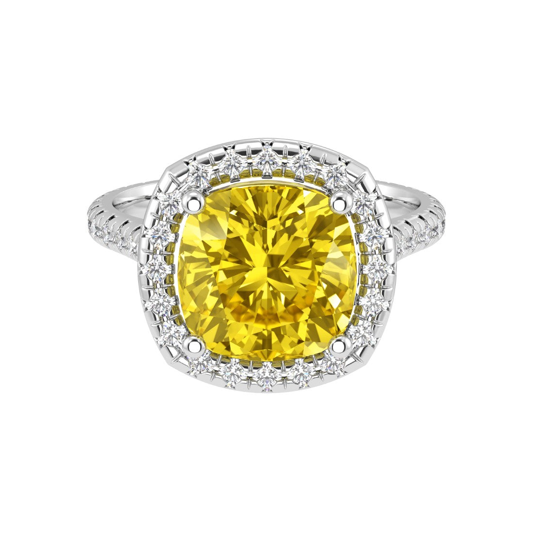 Golden Yellow Sapphire French Pave Diamond Halo crafted in 14K White Gold halo ring Pel and Co custom fine jewelry September birthstone