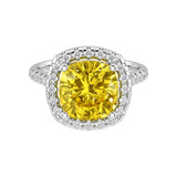 Golden Yellow Sapphire French Pave Diamond Halo crafted in 14K White Gold halo ring Pel and Co custom fine jewelry September birthstone