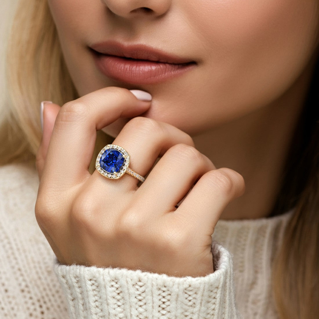 Cushion Cut blue Sapphire French Pave Diamond Halo fine jewelry ring in 14K Yellow Gold Pel and Co timeless design
