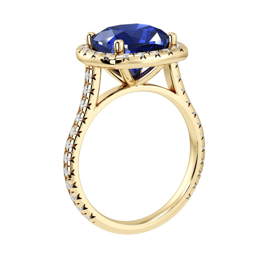 Sparkling blue Sapphire French Pave Diamond Halo crafted in 14K Yellow Gold halo ring Pel and Co timeless design