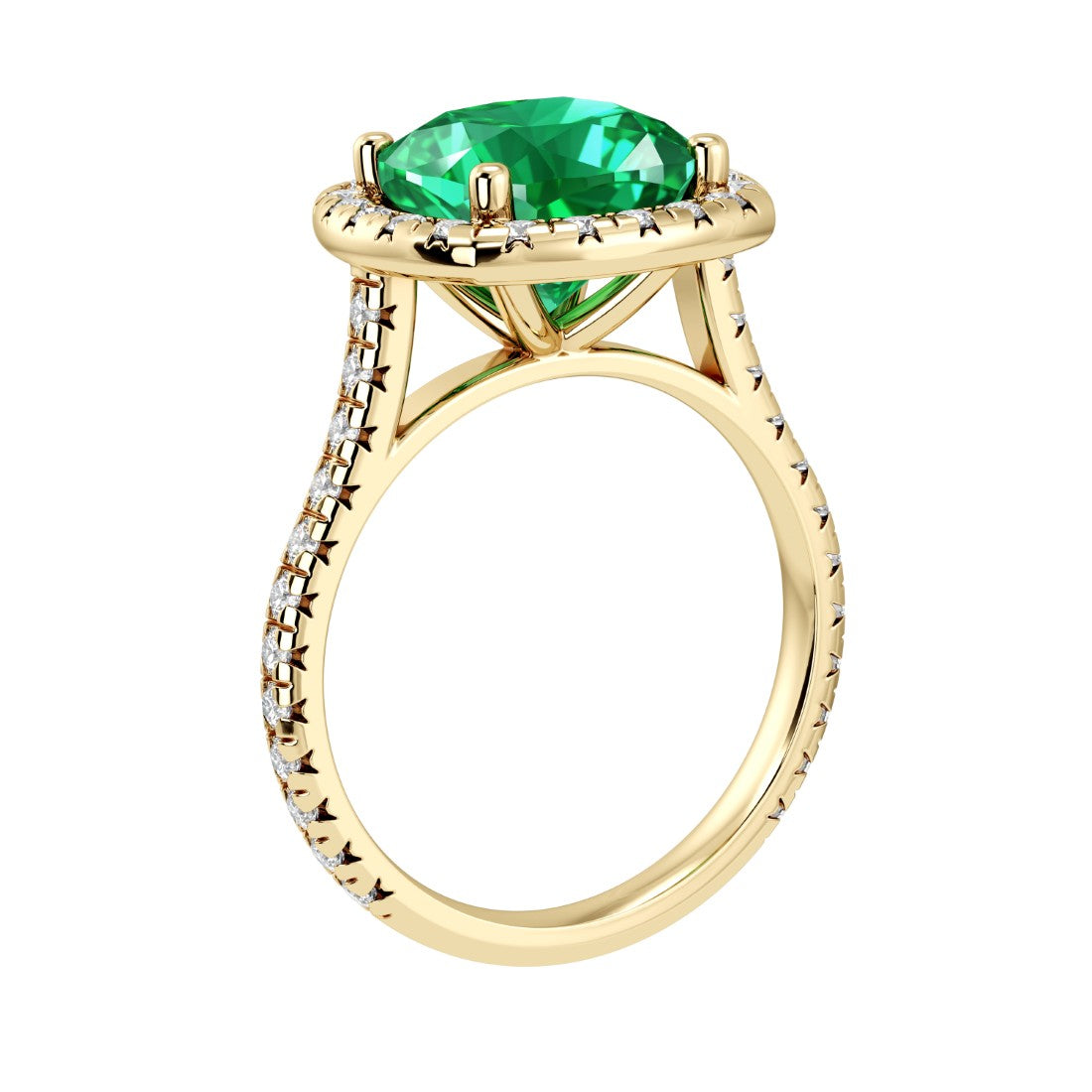 Sparkling colombian emerald French Pave Diamond Halo crafted in 14K Yellow Gold halo ring Pel and Co timeless design