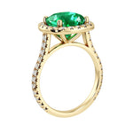 Sparkling colombian emerald French Pave Diamond Halo crafted in 14K Yellow Gold halo ring Pel and Co timeless design
