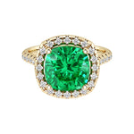 Cushion Cut colombian emerald French Pave Diamond Halo 14K Yellow Gold luxury engagement ring Pel and Co made for everyday elegance