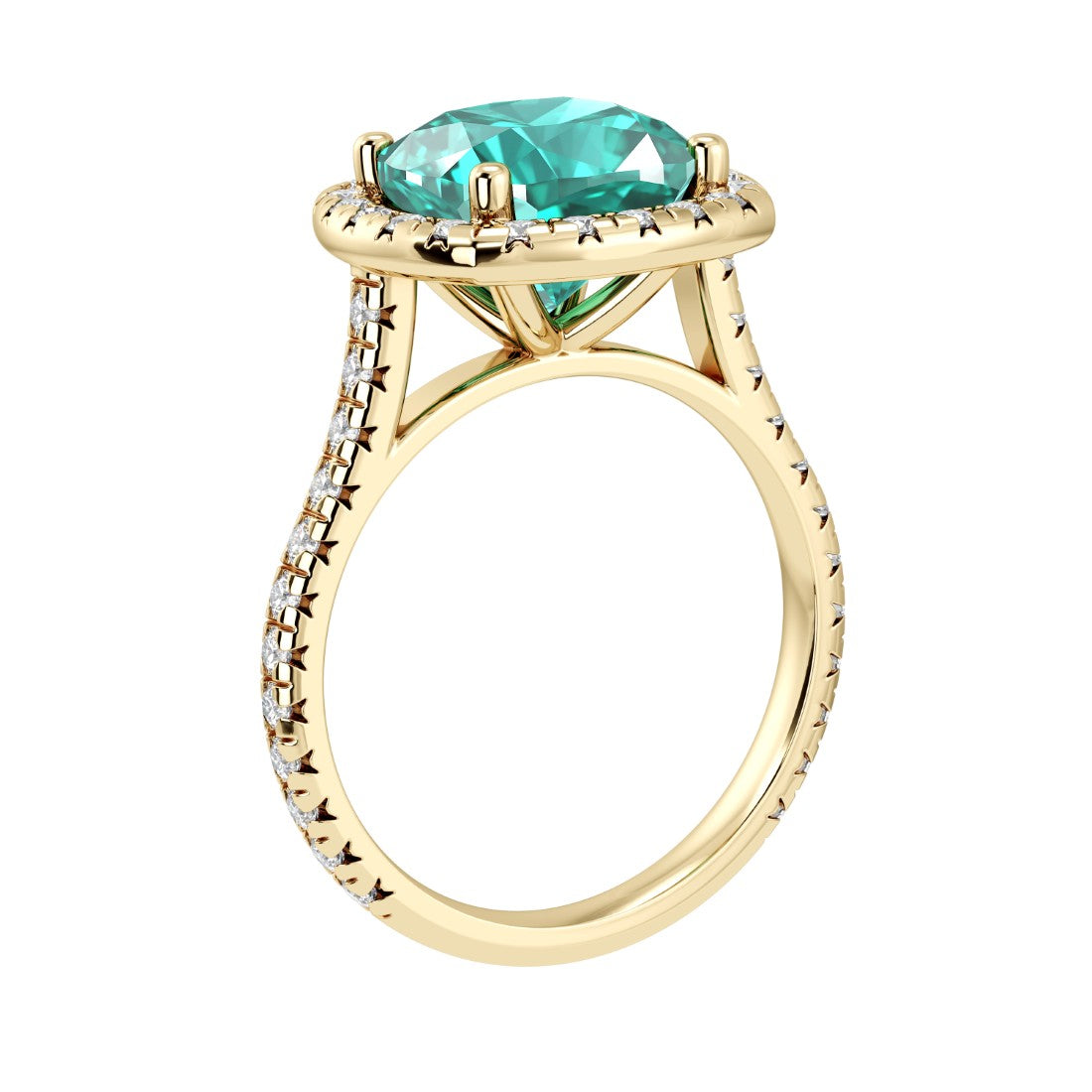 Sparkling neon blue green Paraiba tourmaline French Pave Diamond Halo crafted in 14K Yellow Gold halo ring Pel and Co timeless design