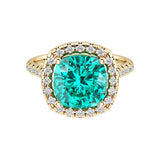 Cushion Cut neon blue green Paraiba tourmaline French Pave Diamond Halo 14K Yellow Gold luxury engagement ring Pel and Co made for everyday elegance