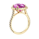 Sparkling pink Sapphire French Pave Diamond Halo crafted in 14K Yellow Gold halo ring Pel and Co timeless design