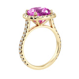 Sparkling pink Sapphire French Pave Diamond Halo crafted in 14K Yellow Gold halo ring Pel and Co timeless design