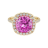 Cushion Cut pink Sapphire French Pave Diamond Halo 14K Yellow Gold luxury engagement ring Pel and Co made for everyday elegance
