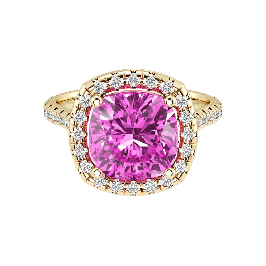 Cushion Cut pink Sapphire French Pave Diamond Halo 14K Yellow Gold luxury engagement ring Pel and Co made for everyday elegance