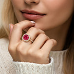 Cushion Cut Pigeon Blood Red Ruby French Pave Diamond Halo fine jewelry ring in 14K Yellow Gold Pel and Co timeless design