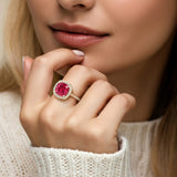 Cushion Cut Pigeon Blood Red Ruby French Pave Diamond Halo fine jewelry ring in 14K Yellow Gold Pel and Co timeless design