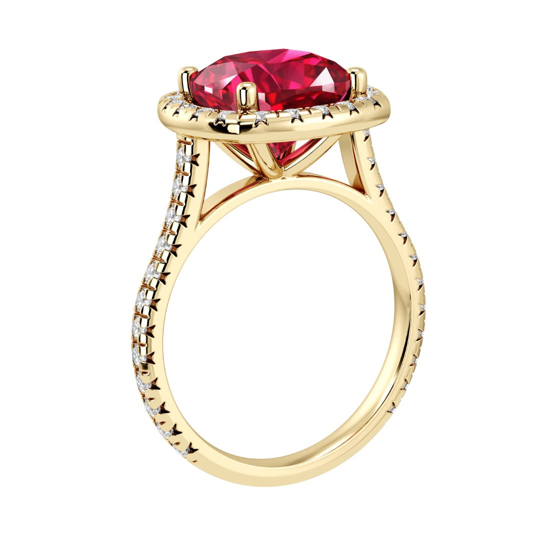 Sparkling Pigeon Blood Red Ruby French Pave Diamond Halo crafted in 14K Yellow Gold halo ring Pel and Co heirloom July birthstone style