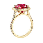 Sparkling Pigeon Blood Red Ruby French Pave Diamond Halo crafted in 14K Yellow Gold halo ring Pel and Co heirloom July birthstone style