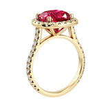 Sparkling Pigeon Blood Red Ruby French Pave Diamond Halo crafted in 14K Yellow Gold halo ring Pel and Co heirloom July birthstone style
