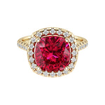 Cushion Cut Pigeon Blood Red Ruby French Pave Diamond Halo 14K Yellow Gold luxury engagement ring Pel and Co July birthstone elegance