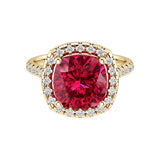 Cushion Cut Pigeon Blood Red Ruby French Pave Diamond Halo 14K Yellow Gold luxury engagement ring Pel and Co July birthstone elegance