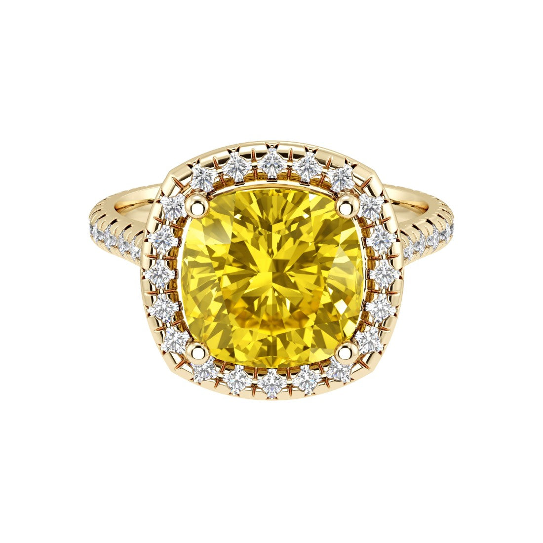 Cushion Cut Yellow Sapphire French Pave Diamond Halo 14K Yellow Gold luxury engagement ring Pel and Co September sapphire with yellow diamond look