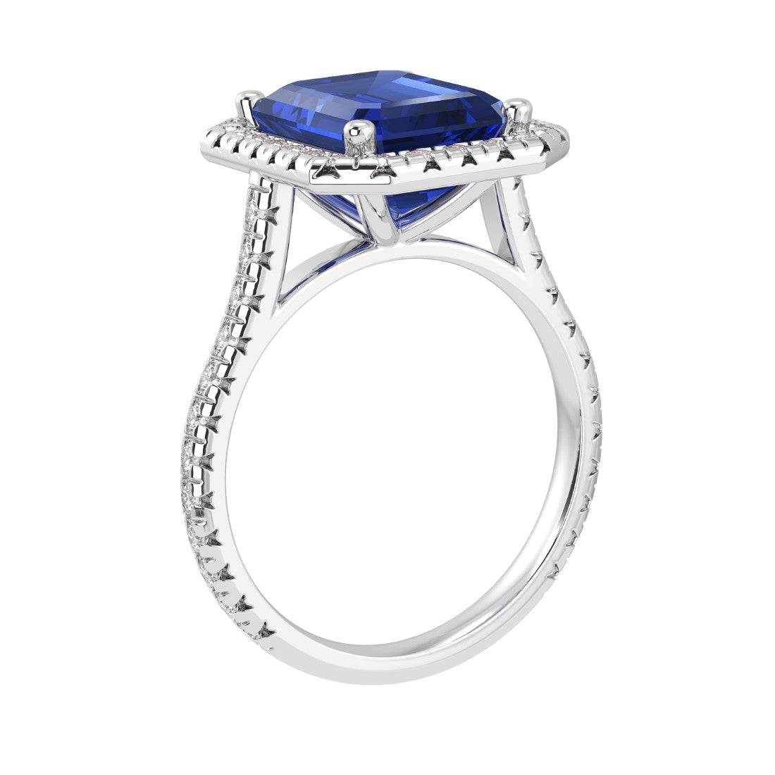 Emerald Cut Ceylon Blue Sapphire French Pave Diamond Halo bridal ring 14K White Gold designer style Pel and Co September birthstone treasure