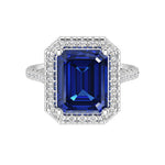 Ceylon Blue Sapphire Emerald Cut center with French Pave Diamond Halo crafted in 14K White Gold Pel and Co custom fine jewelry