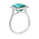 Emerald Cut Paraiba Tourmaline French Pave Diamond Halo bridal ring 14K White Gold designer style Pel and Co rare collector gemstone