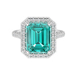 Neon Blue Green Paraiba Tourmaline Emerald Cut center with French Pave Diamond Halo crafted in 14K White Gold Pel and Co rare fine jewelry 