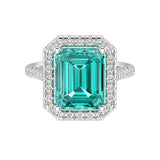 Neon Blue Green Paraiba Tourmaline Emerald Cut center with French Pave Diamond Halo crafted in 14K White Gold Pel and Co rare fine jewelry 