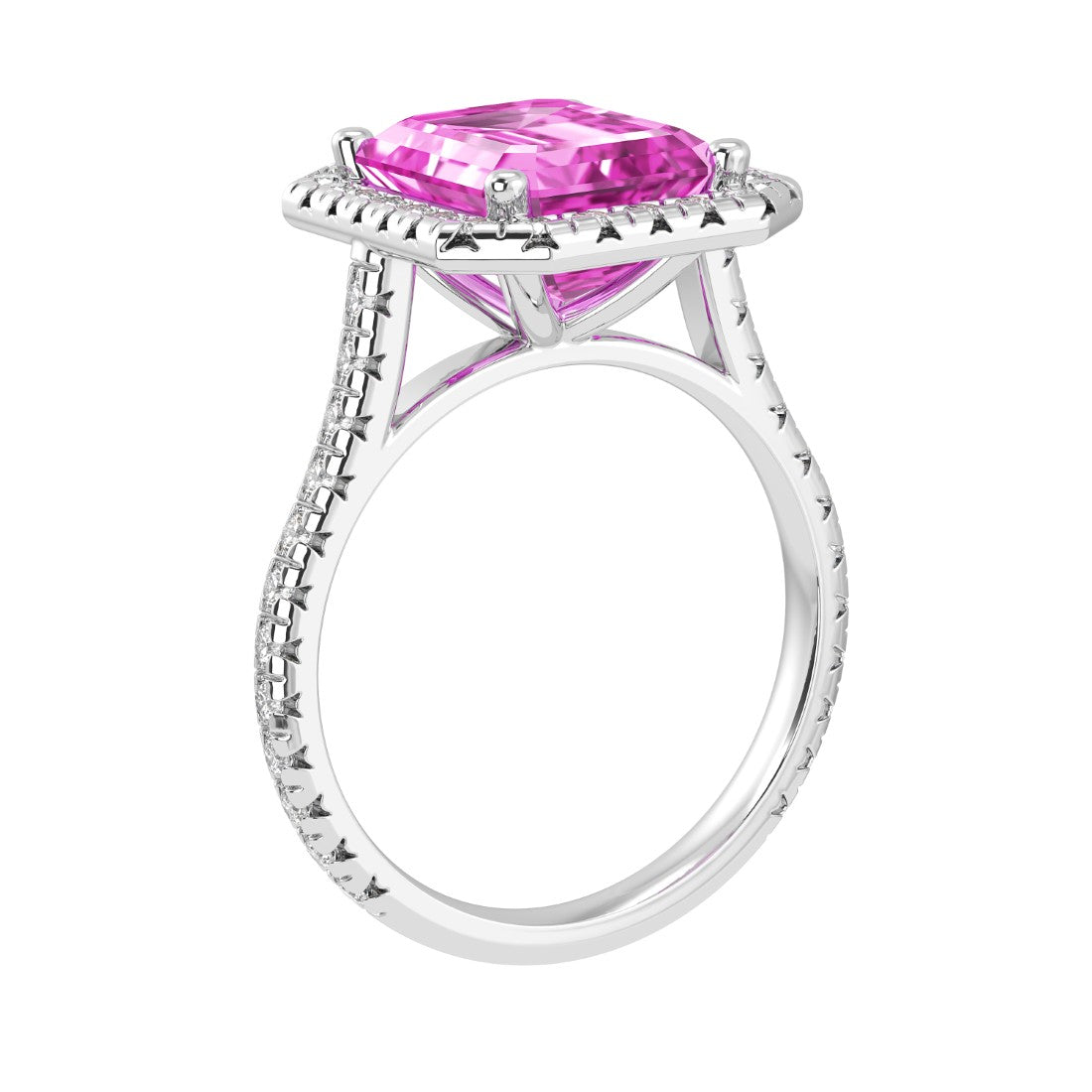 Emerald Cut Pink Sapphire French Pave Diamond Halo bridal ring 14K White Gold designer style Pel and Co rare feminine luxury treasure 