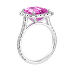 Emerald Cut Pink Sapphire French Pave Diamond Halo bridal ring 14K White Gold designer style Pel and Co rare feminine luxury treasure 