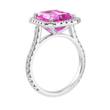 Emerald Cut Pink Sapphire French Pave Diamond Halo bridal ring 14K White Gold designer style Pel and Co rare feminine luxury treasure 