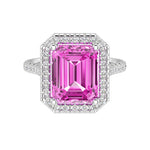 Vivid Pink Sapphire Emerald Cut center with French Pave Diamond Halo crafted in 14K White Gold Pel and Co custom fine jewelry love inspired design 