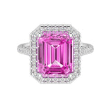 Vivid Pink Sapphire Emerald Cut center with French Pave Diamond Halo crafted in 14K White Gold Pel and Co custom fine jewelry love inspired design 