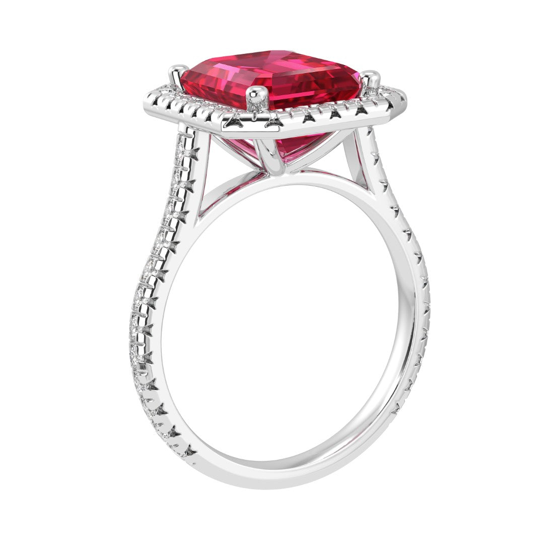 Emerald Cut Pigeon Blood Red Ruby French Pave Diamond Halo bridal ring 14K White Gold designer style Pel and Co July birthstone treasure