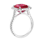 Emerald Cut Pigeon Blood Red Ruby French Pave Diamond Halo bridal ring 14K White Gold designer style Pel and Co July birthstone treasure