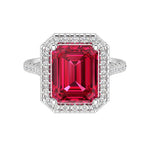 Vivid Red Ruby Emerald Cut center with French Pave Diamond Halo crafted in 14K White Gold Pel and Co custom fine jewelry romance design