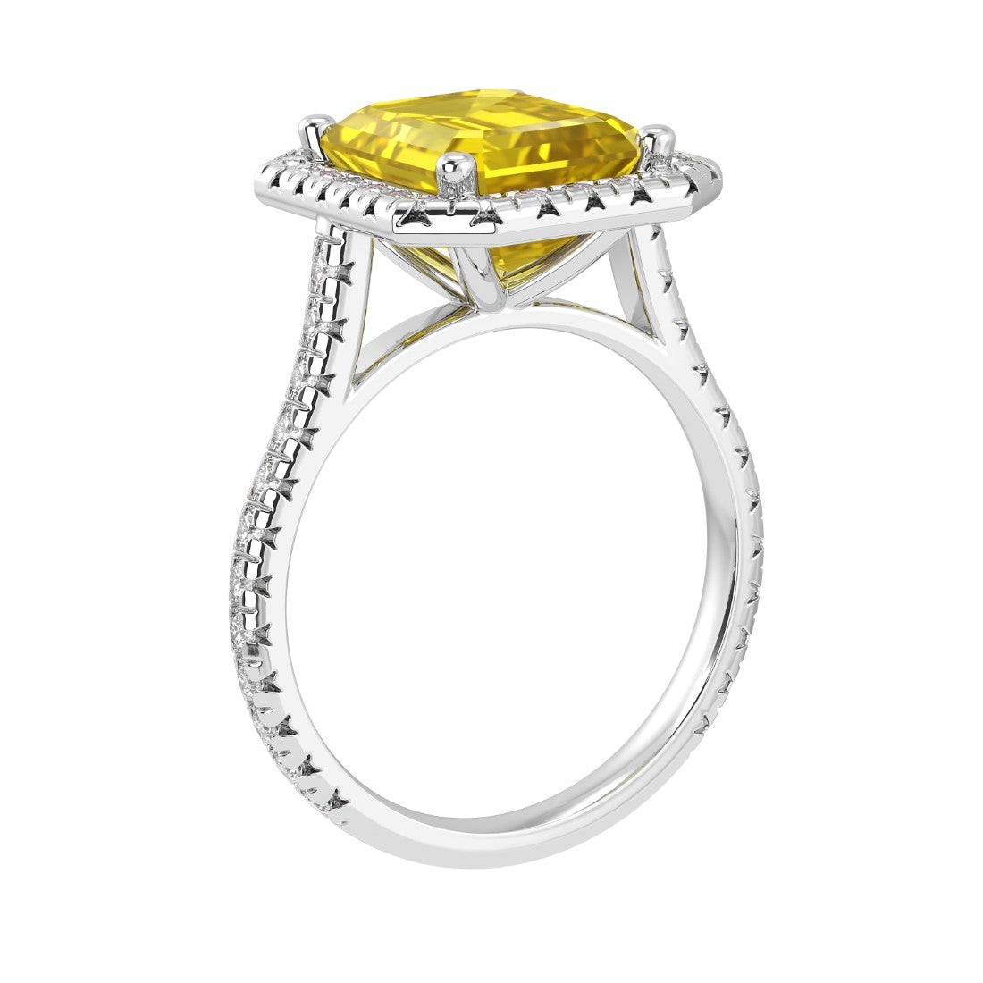 Emerald Cut Yellow Sapphire French Pave Diamond Halo bridal ring 14K White Gold designer style Pel and Co September birthstone treasure